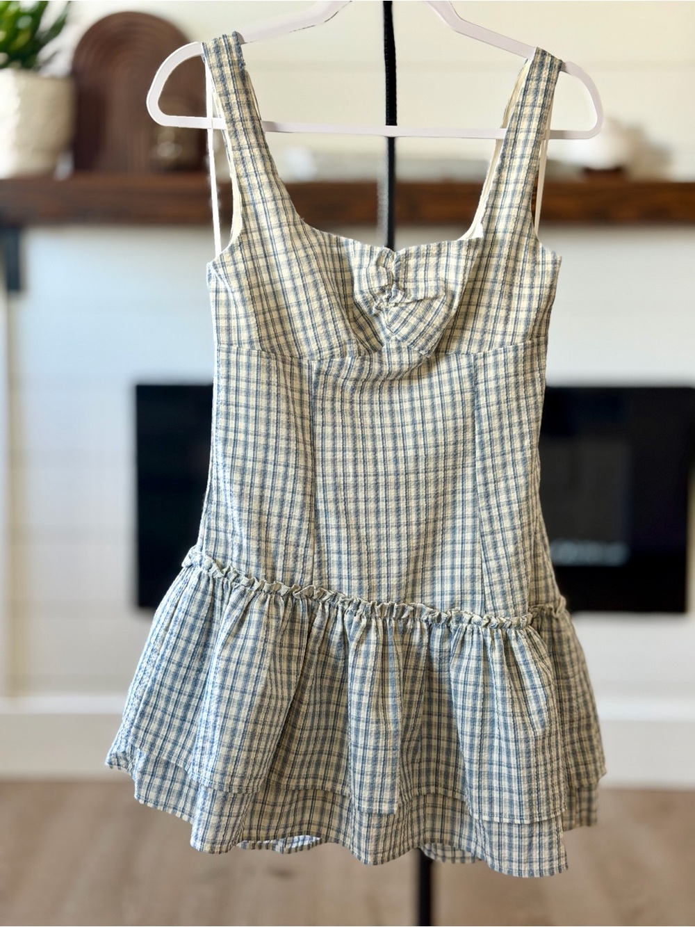 Altar'd State Blue and Cream Plaid Ruffle Romper